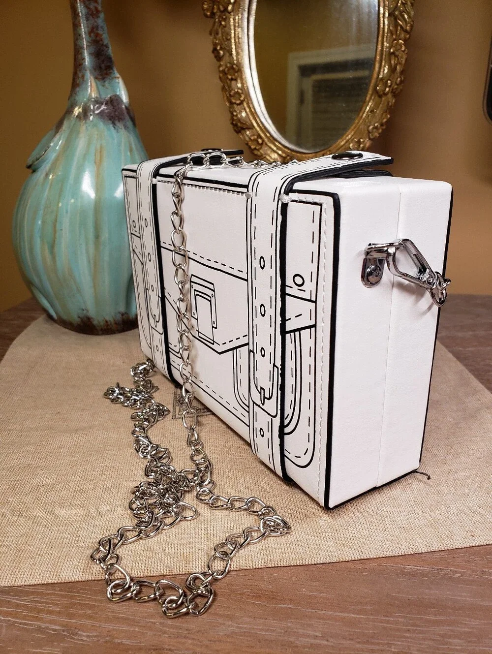 White Cartoon-Style Clutch / Crossbody Bag w/ Chain Strap & Matching Watch NWT!